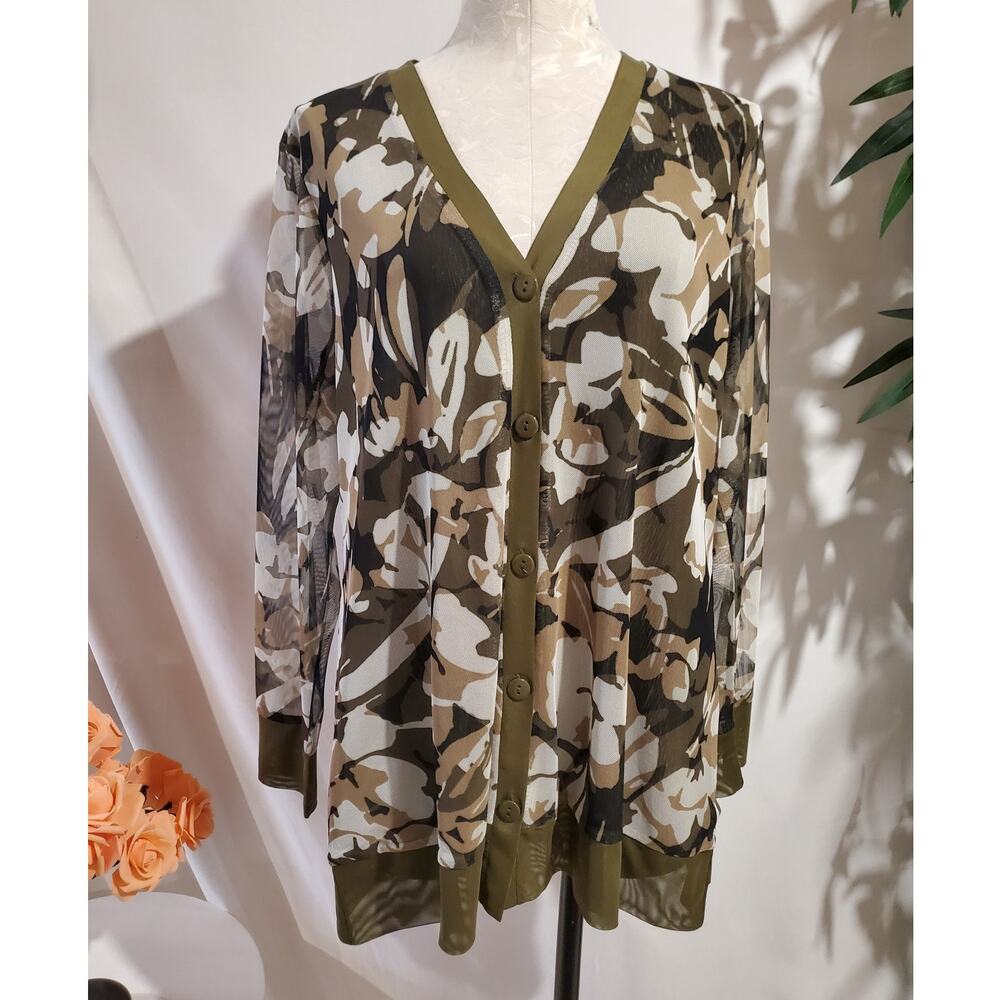 Chicos Floral Camo Mesh Button Cardigan Size 2 US L Olive Green Layer Topper